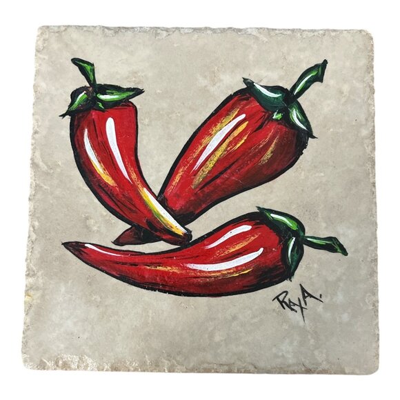 Hand-Painted Cerdomus Italian Ceramic Tile With Red Chili Pepper Design Signed - Picture 1 of 2